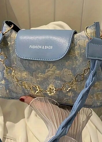 Mavi vintage yağlı boya desenli omuz çantası - Görsel 2