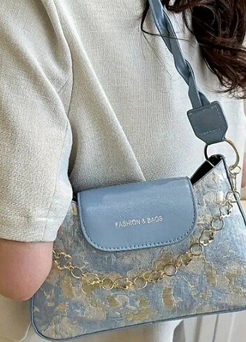 Mavi vintage yağlı boya desenli omuz çantası - Görsel 4