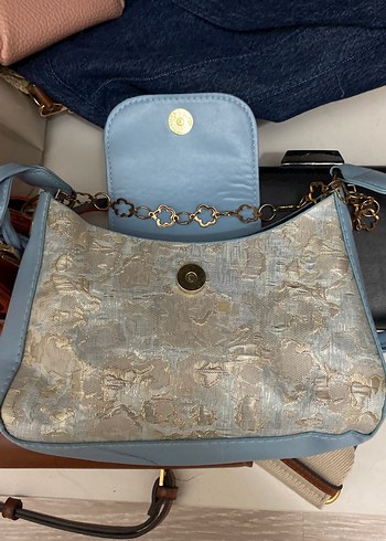 Mavi vintage yağlı boya desenli omuz çantası - Görsel 5