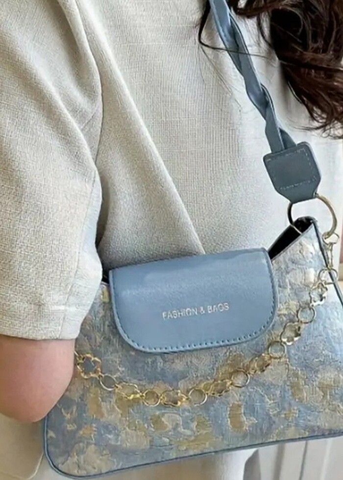 Mavi vintage yağlı boya desenli omuz çantası - Görsel 4