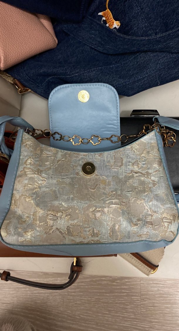 Mavi vintage yağlı boya desenli omuz çantası - Görsel 5