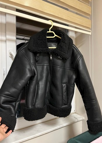 Siyah Kürklü Deri Kadın Biker Ceket - Görsel 5