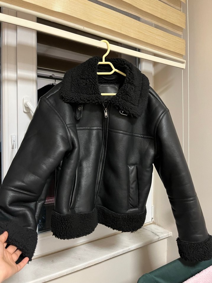 Siyah Kürklü Deri Kadın Biker Ceket - Görsel 5
