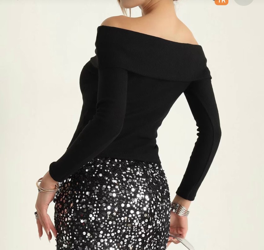 Siyah kayık yaka bluz - Görsel 3