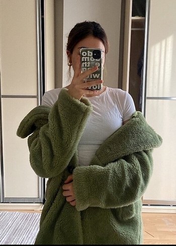 Kadın yeşil Kürk Yün Kaban - Görsel 2