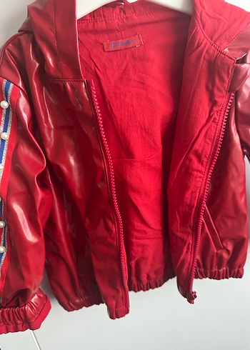 Kız Çocuk Kırmızı Deri Fermuarlı Ceket - Görsel 2