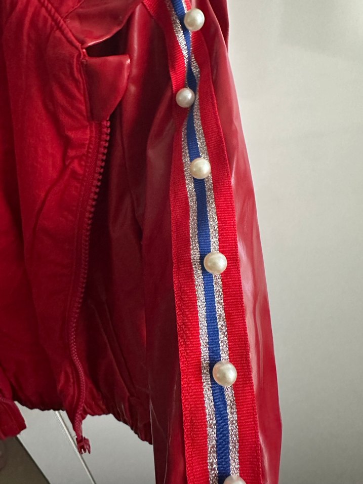 Kız Çocuk Kırmızı Deri Fermuarlı Ceket - Görsel 4