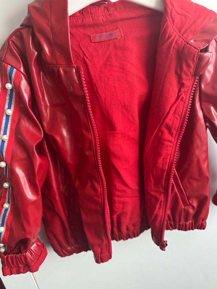 Kız Çocuk Kırmızı Deri Fermuarlı Ceket - Görsel 2