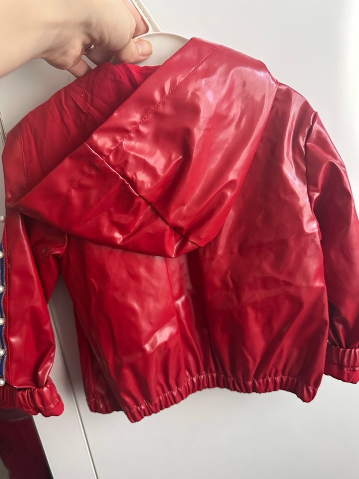 Kız Çocuk Kırmızı Deri Fermuarlı Ceket - Görsel 3
