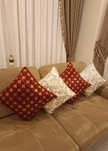 Kırmızı ve Gri El işi Boncuk İşlemeli Kirlent Kilifi - Görsel 2