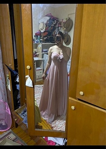 Pudra Pembe Midi Straplez Bohem Elbise - Görsel 2