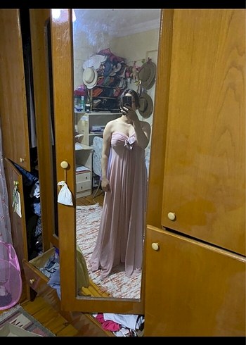 Pudra Pembe Midi Straplez Bohem Elbise - Görsel 5