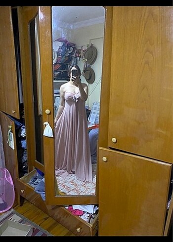 Pudra Pembe Midi Straplez Bohem Elbise - Görsel 3