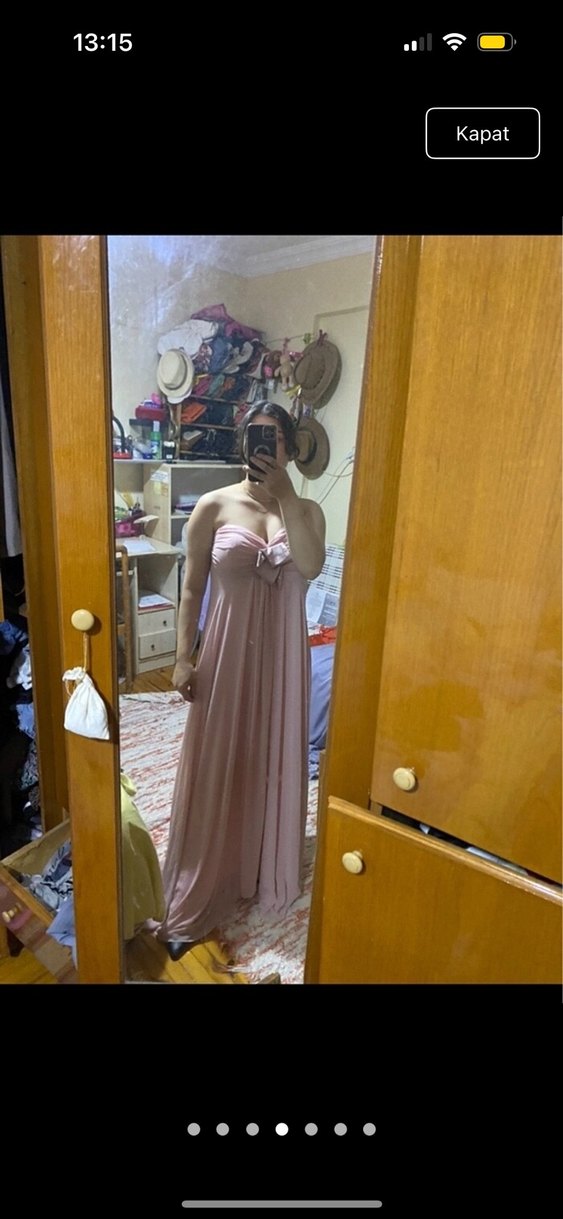 Pudra Pembe Midi Straplez Bohem Elbise - Görsel 4