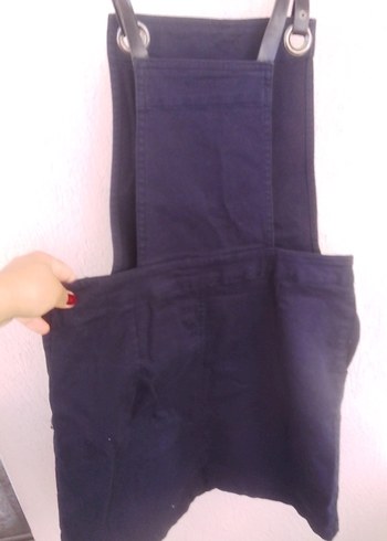 Kadın Lacivert Denim Askılı Mini Salopet - Görsel 2