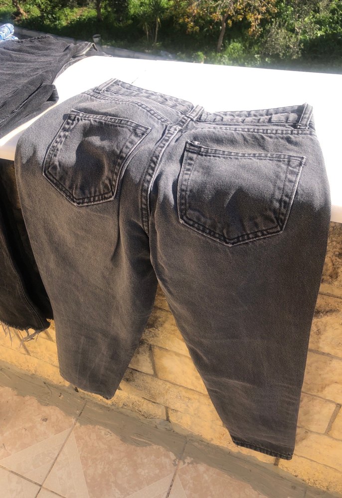 Gri Kadın Kot Pantolon Bel Detaylı - Görsel 3