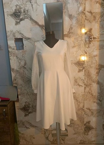 Beyaz V Yaka Kolları Fileli Kloş A Kesim Kadın Abiye Nikah Abiye - Görsel 4