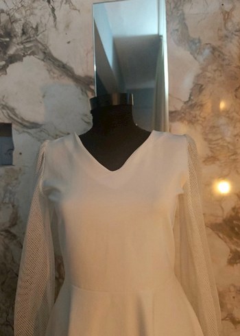 Beyaz V Yaka Kolları Fileli Kloş A Kesim Kadın Abiye Nikah Abiye - Görsel 2