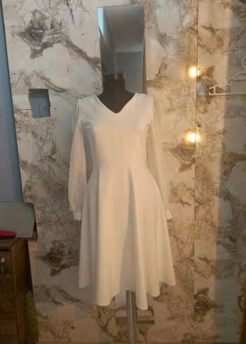 Beyaz V Yaka Kolları Fileli Kloş A Kesim Kadın Abiye Nikah Abiye - Görsel 3
