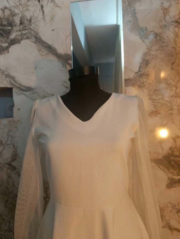 Beyaz V Yaka Kolları Fileli Kloş A Kesim Kadın Abiye Nikah Abiye - Görsel 2