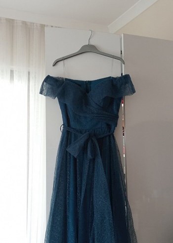 Mavi Kayık Yaka Simli Kemerli Abiye Elbise - Görsel 3