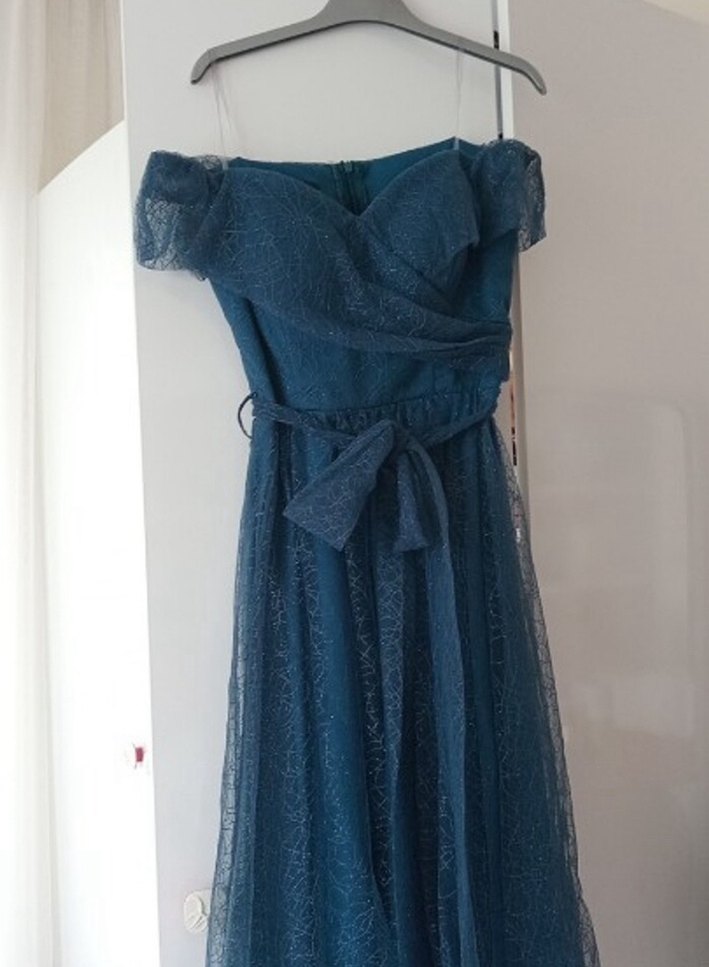 Mavi Kayık Yaka Simli Kemerli Abiye Elbise - Görsel 2