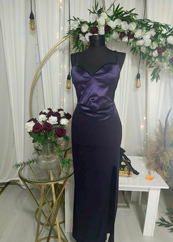 Mor Uzun Yırtmaçlı Askılı Balık Abiye Elbise - Görsel 2