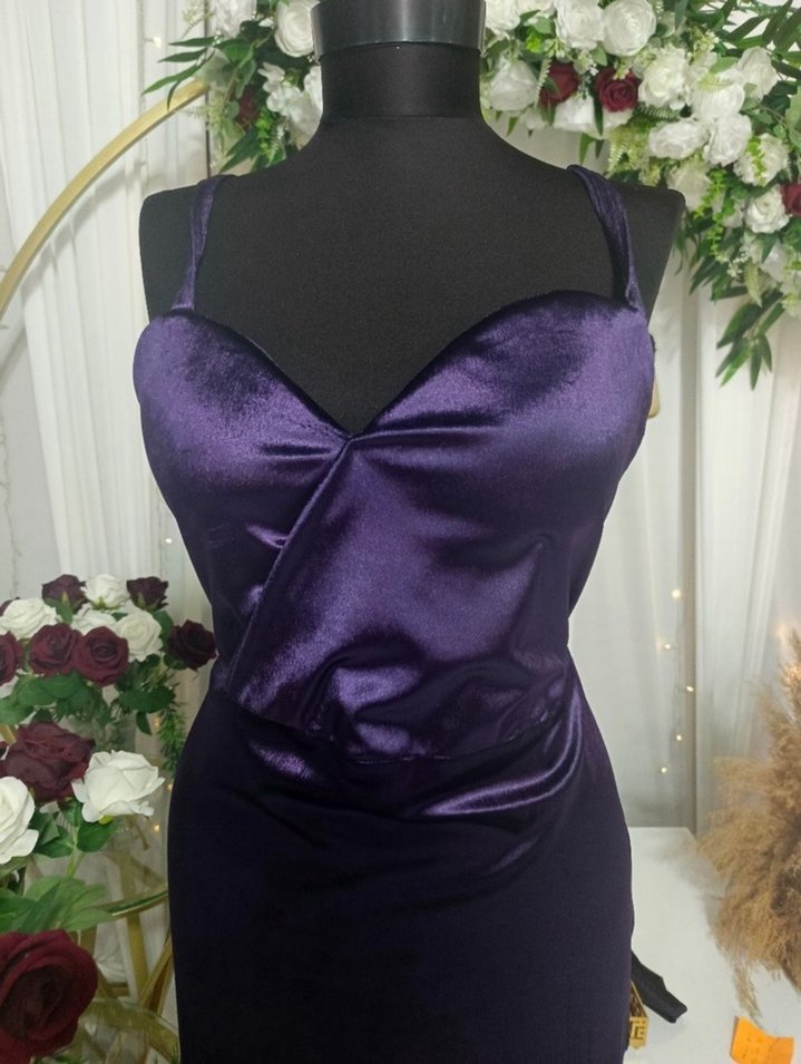 Mor Uzun Yırtmaçlı Askılı Balık Abiye Elbise - Görsel 4