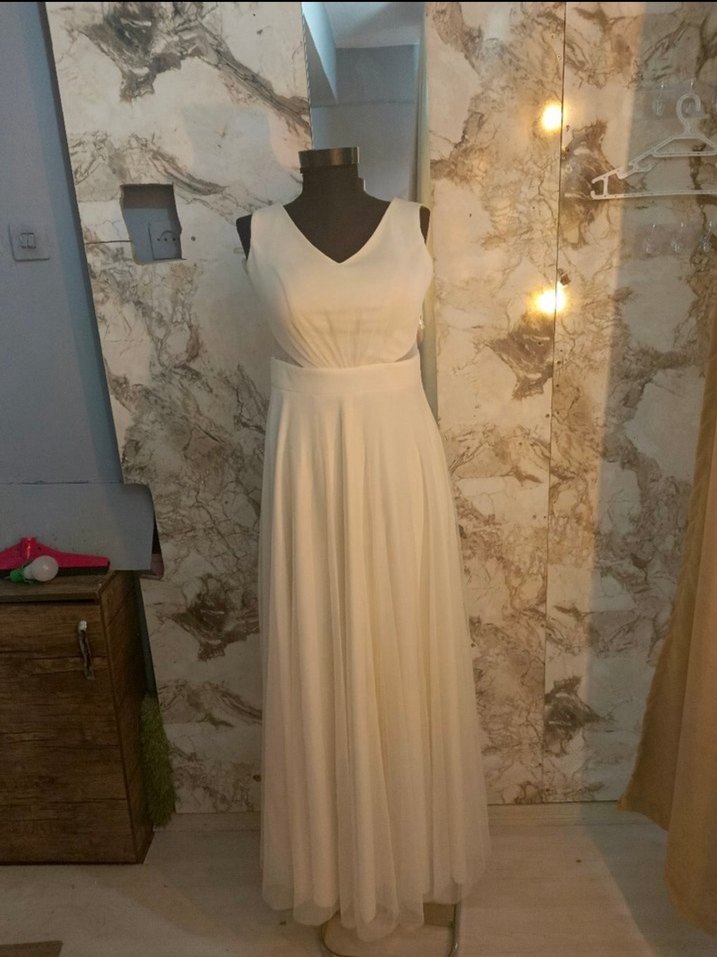 V Yakalı Uzun Beyaz Yanları Tül Detaylı Nikah Abiye Elbise - Görsel 3