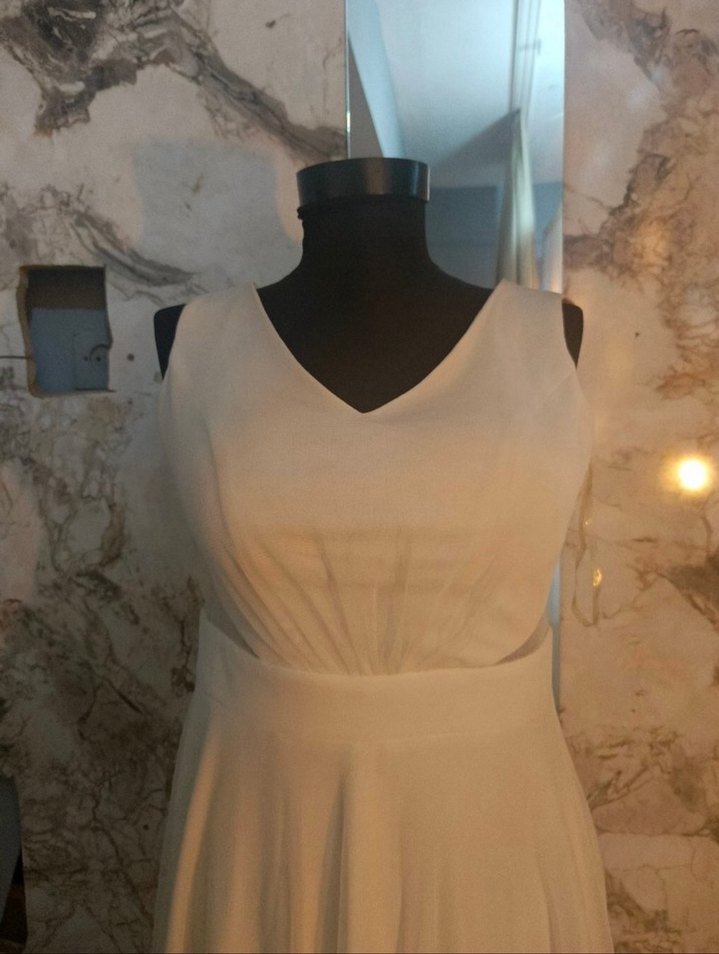 V Yakalı Uzun Beyaz Yanları Tül Detaylı Nikah Abiye Elbise - Görsel 2