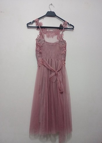 Abiye Pembe Dantelli Tüllü Abiye Elbise