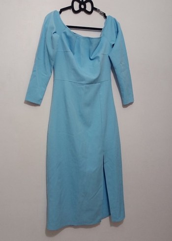 Mavi Turkuaz  Uzun Kollu Yırtmaçlı Balık Abiye Elbise - Görsel 4