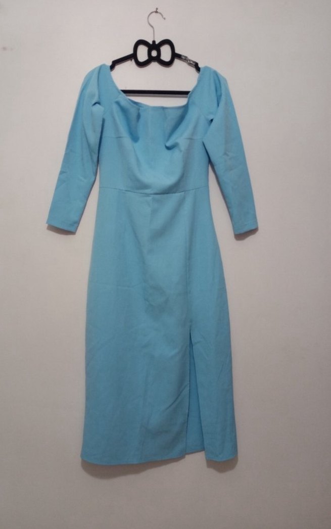 Mavi Turkuaz  Uzun Kollu Yırtmaçlı Balık Abiye Elbise - Görsel 2