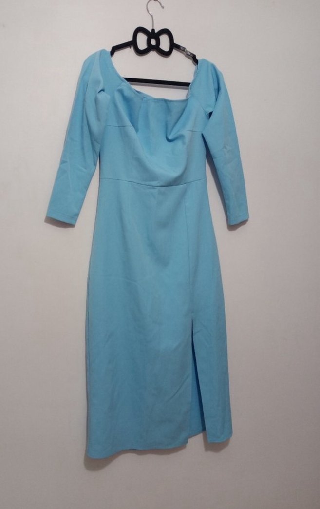 Mavi Turkuaz  Uzun Kollu Yırtmaçlı Balık Abiye Elbise - Görsel 4