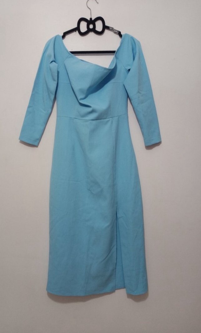 Mavi Turkuaz  Uzun Kollu Yırtmaçlı Balık Abiye Elbise - Görsel 5