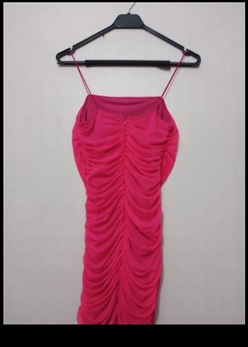 Pembe Drapeli Büzgülü Askılı Kadın Abiye Elbise - Görsel 5