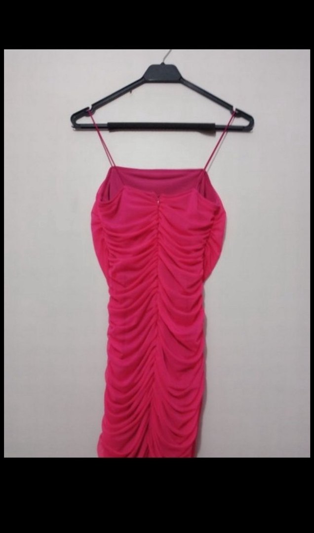 Pembe Drapeli Büzgülü Askılı Kadın Abiye Elbise - Görsel 5