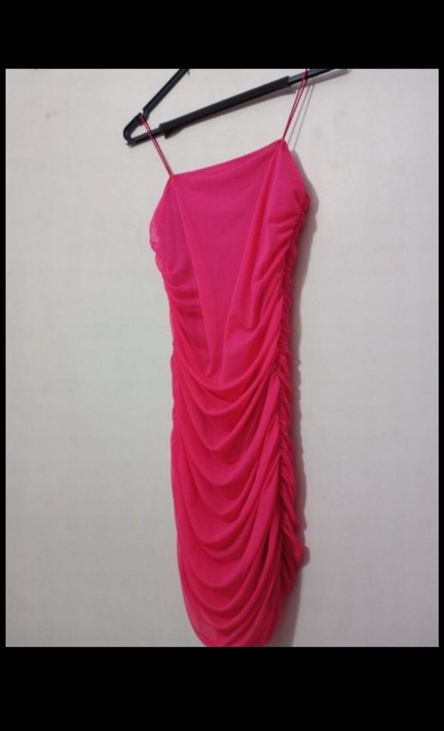 Pembe Drapeli Büzgülü Askılı Kadın Abiye Elbise - Görsel 3