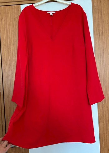 Kırmızı V Yaka HM kırışmaz kumaş Elbise - Görsel 2