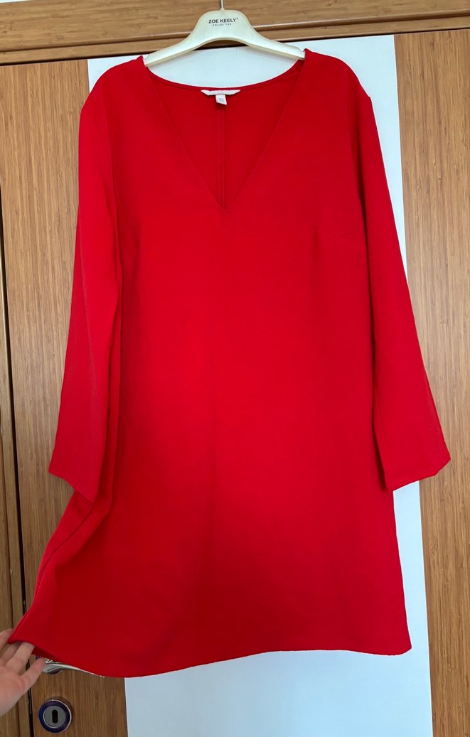 Kırmızı V Yaka HM kırışmaz kumaş Elbise - Görsel 2