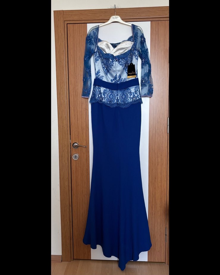 Lacivert Nakışlı Boncuk İşlemeli Uzun Balık Abiye Elbise - Görsel 3