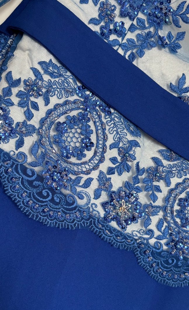 Lacivert Nakışlı Boncuk İşlemeli Uzun Balık Abiye Elbise - Görsel 2