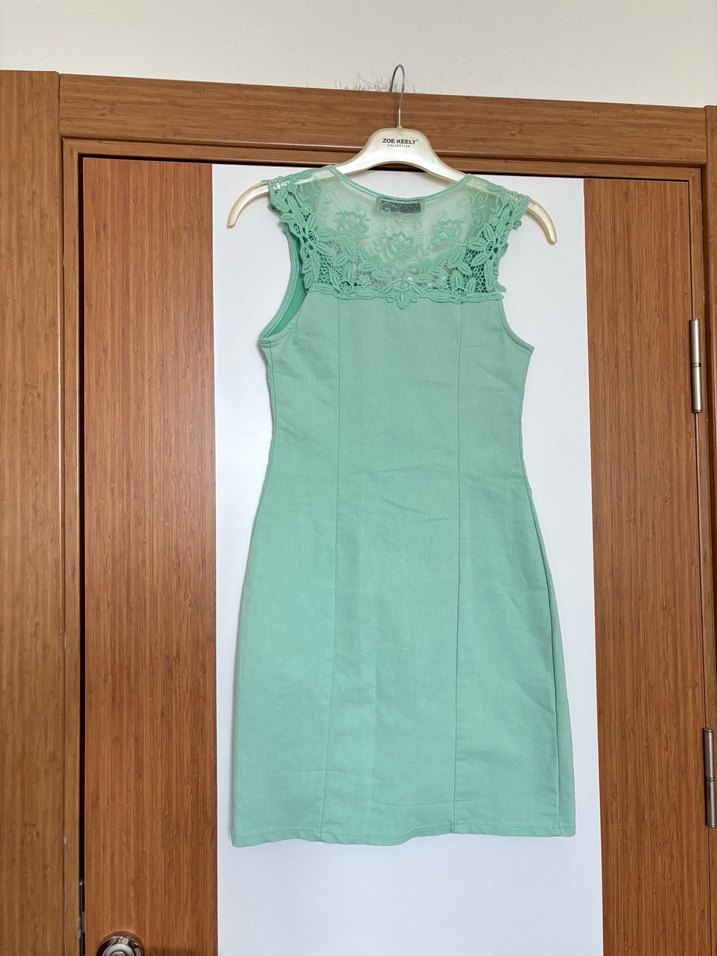 Su Yeşili Fermuarlı Dantelli Kısa Balık Dar Kesim Elbise - Görsel 2