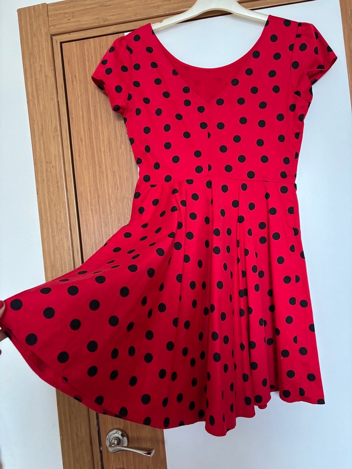 Kırmızı Siyah Puantiyeli Çan Elbise - Görsel 5