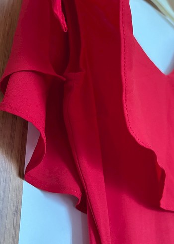 Kırmızı Uzun V Yaka Drapeli kemerli abiye Elbise - Görsel 5