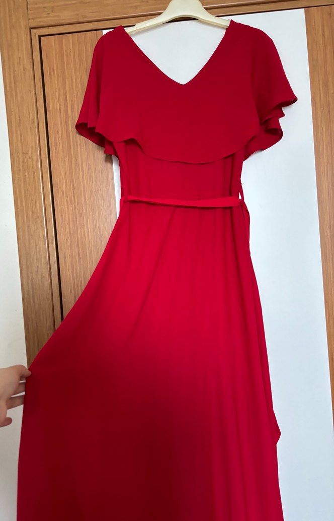 Kırmızı Uzun V Yaka Drapeli kemerli abiye Elbise - Görsel 2