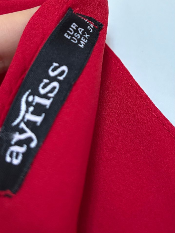 Kırmızı Uzun V Yaka Drapeli kemerli abiye Elbise - Görsel 4