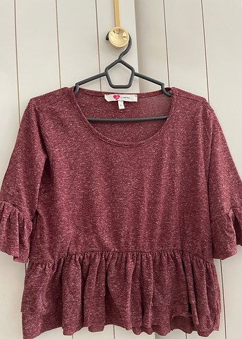 Bordo Fırfırlı Pamuklu Kadın Bluz - Görsel 2
