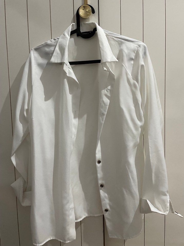 Beyaz Keten Uzun Kollu Düğmeli Gömlek - Görsel 2