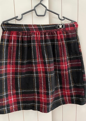 Kırmızı Ekose Kemerli Midi Kadın Etek - Görsel 2